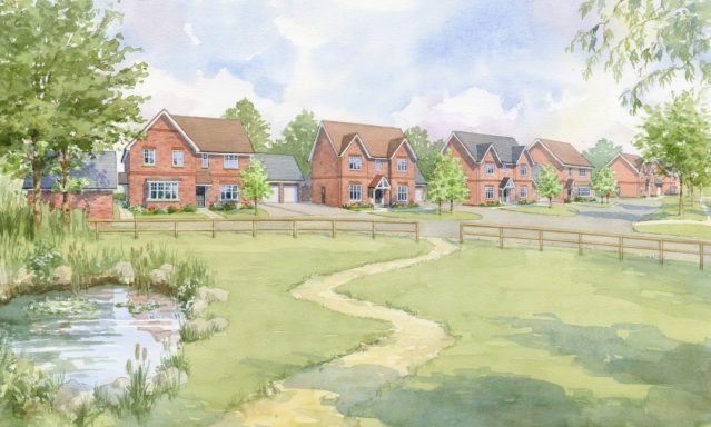 Watercolour artist impression of proposed street view in a village green setting with pond.