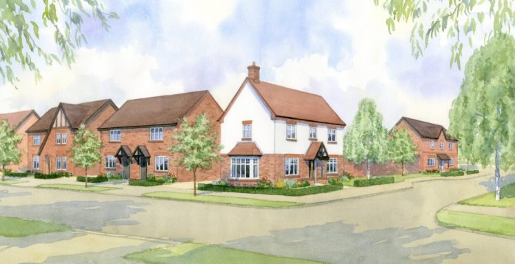 Watercolour artist impression street view for major house builder to showcase new house types.