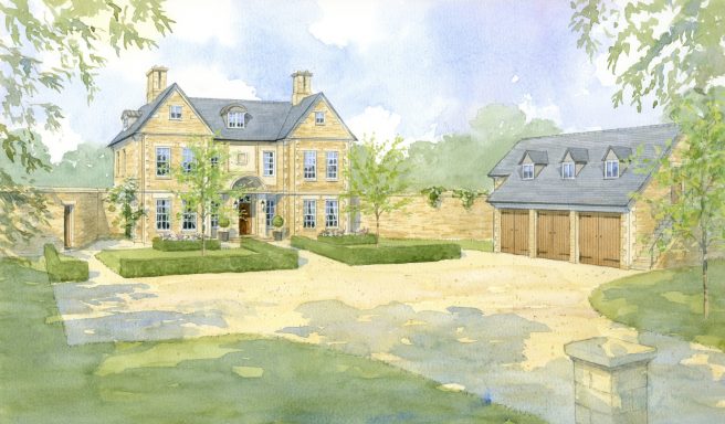 A large, elegant house with a landscaped garden and a double garage.