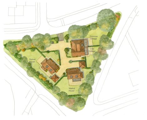 Watercolour site plan showing three houses in private residential development.