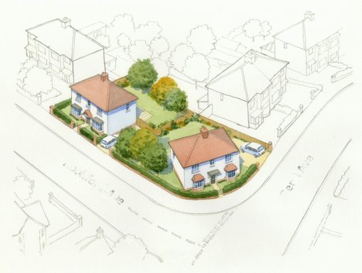 Watercolour aerial artist impression of two proposed detached villas in the setting of a corner plot.