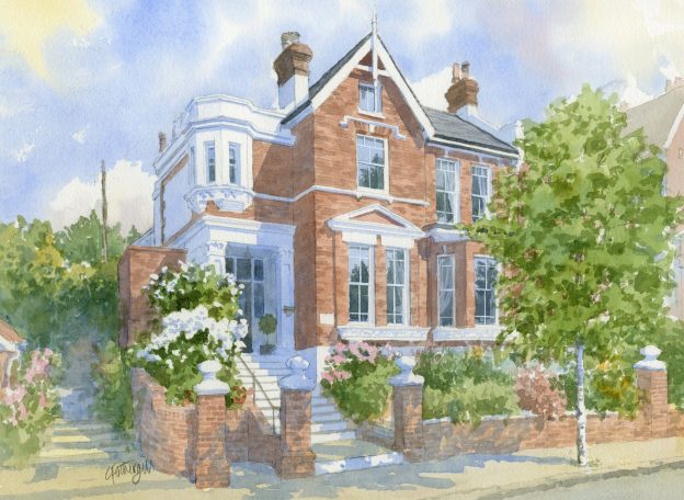 Victorian-style red brick house with a front garden and trees, set against a cloudy sky.