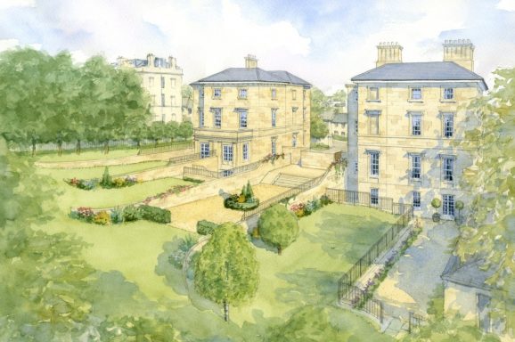 Watercolour artist impression of new Bath stone apartments showing layout of rear gardens.