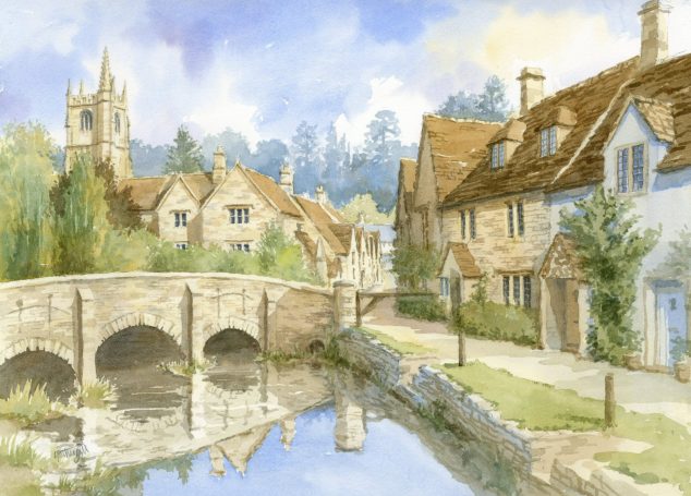 Quaint village scene with stone bridge, houses, and a church, reflected in a river.