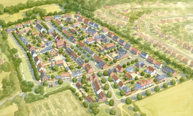 Watercolour aerial artist impression of larger residential development on edge of countryside. 