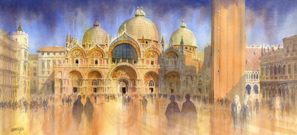An impressionistic watercolour of St Mark's Square, Venice.