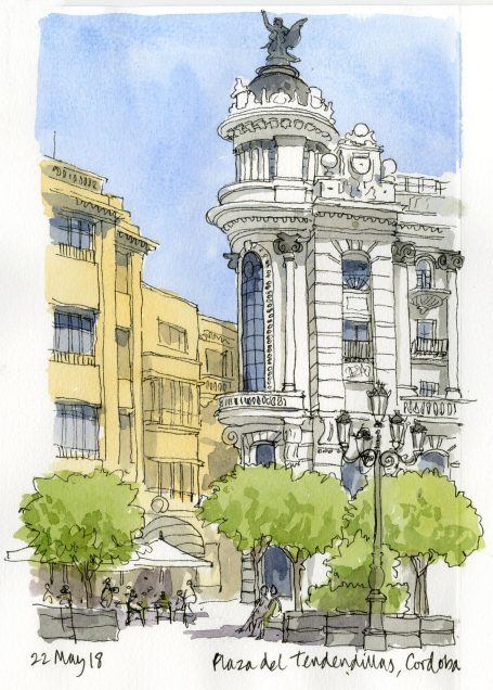  A pen and wash sketch of the Plaza del Tendillas, Cordoba, Spain