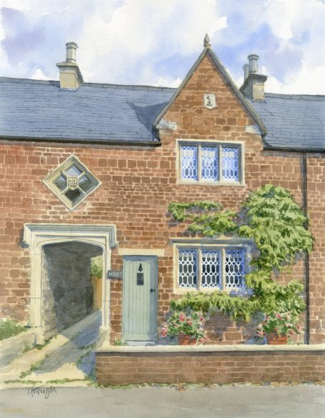Quaint brick cottage with blue windows and climbing plants, set against a cloudy sky.