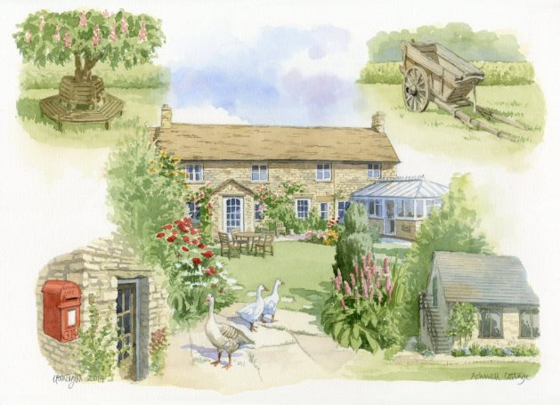 Watercolour house portrait with aspects of garden, including geese, as a montage