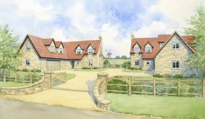 Watercolour artist impression of two identical (but mirrored) stone houses in private development