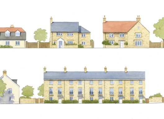 Illustration of various types of houses with distinct styles and colours.
