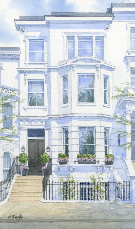 Watercolour of house in London Watercolour house portrait of London stucco villa