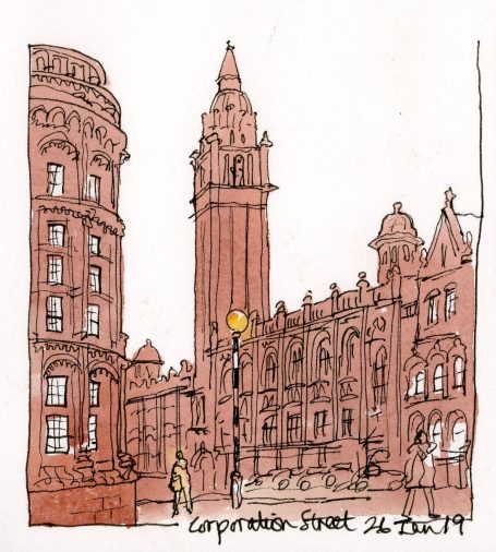 Pen and wash sketch of Corporation Street, Birmingham