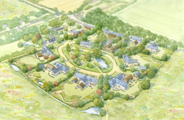 Watercolour aerial artist impression of proposed village style development with environmentally conscious garden layouts.