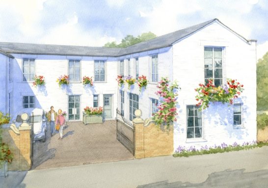 Watercolour artist impression of small Regency courtyard converted into residential apartments.