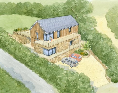 Watercolour artist impression of proposed contemporary house on sloping site.
