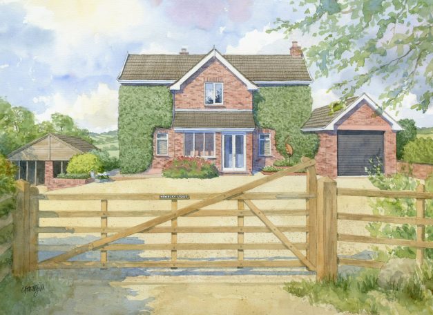 A brick house with greenery, a garage, and a wooden gate in a rural setting.