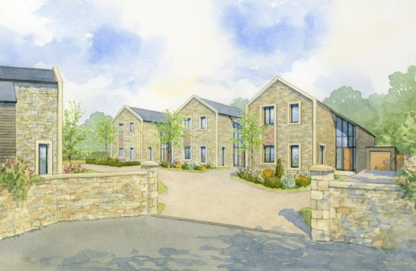 Watercolour artist impression of contemporary stone house within private development as a street view.