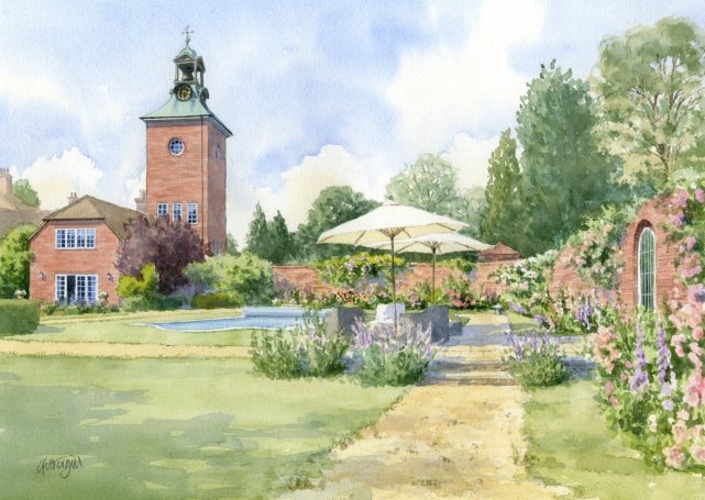 House portrait with pool and walled garden Watercolour house portrait with walled garden, pool, and clock tower.