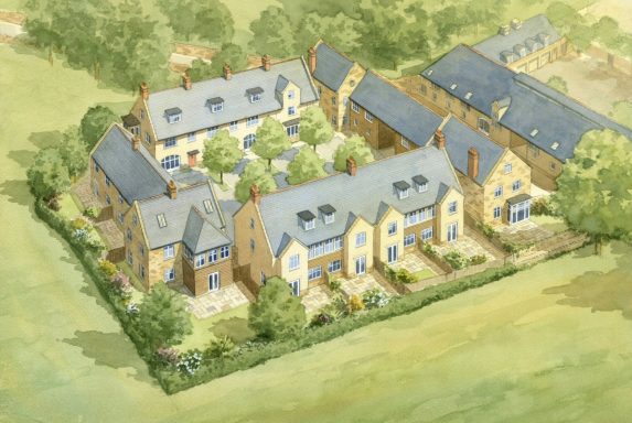 Watercolour artist impression aerial view of courtyard residential development