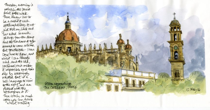 A pen and wash sketch of the Cathedral at Jerez de la Frontera, Spain. It was just as a storm was brewing on a sketching trip.  