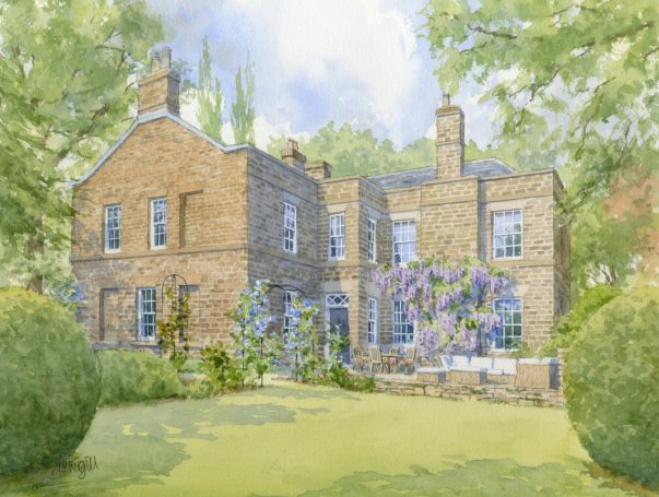 A stone house surrounded by greenery and blooming plants under a blue sky.