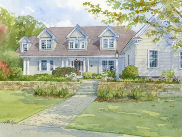 Colonial style wooden house in New England US Watercolour portrait of Colonial style clapperboard wooden house in New England, United States.