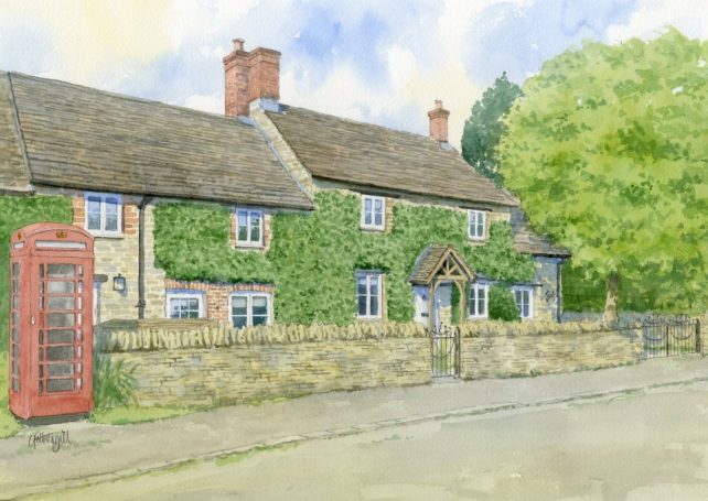 Cotswold Cottage with phone box Watercolour house portrait of Cotswold cottage with old telephone box on street