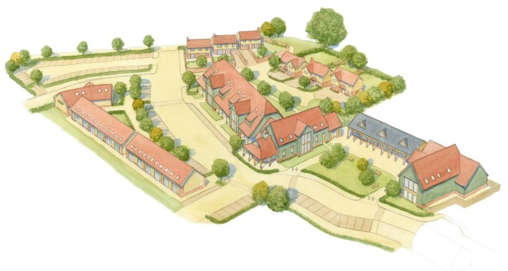 Aerial view of a residential complex with houses, gardens, and pathways.