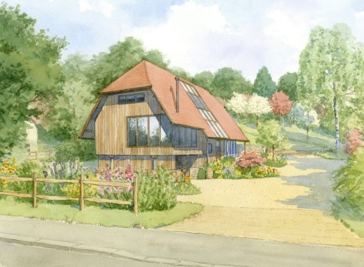Modern house with a sloped roof, surrounded by gardens and trees.