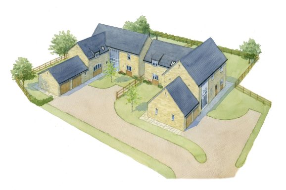 Illustration of a modern residential development with multiple houses and surrounding greenery.