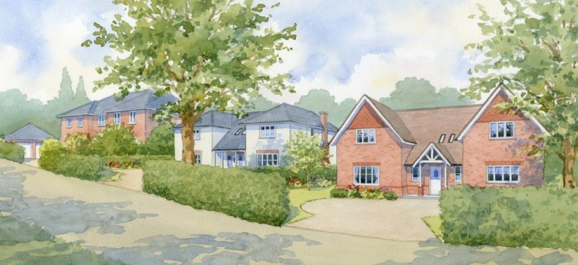 Watercolor artist impression of detached houses along a sloping country lane.