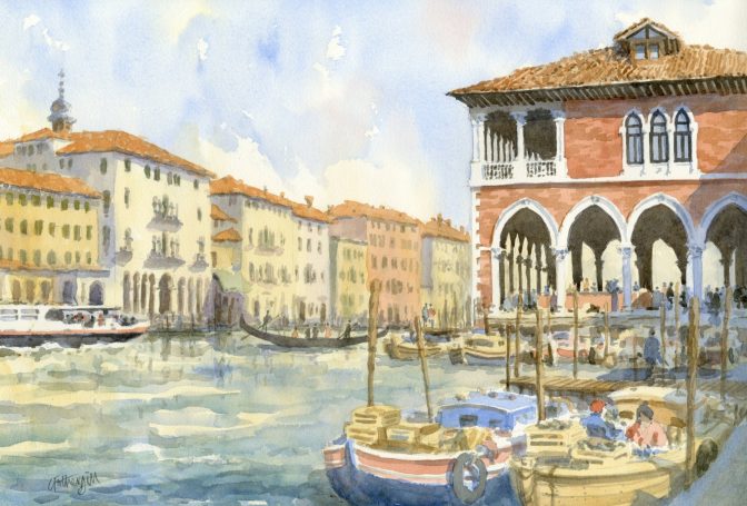 Watercolour scene of a canal with colourful buildings and boats in a serene setting.