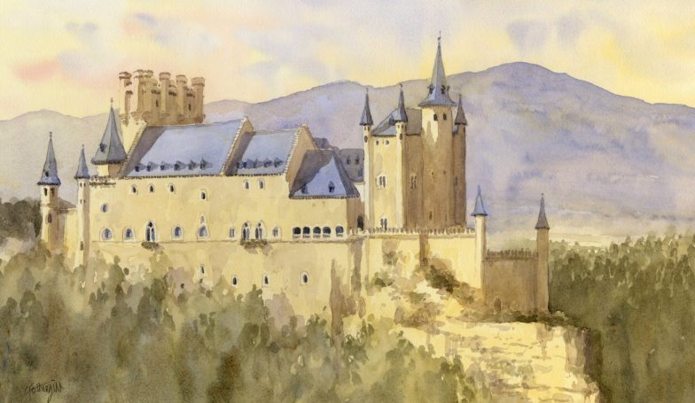 A watercolour painting of the Alcazar castle in Segovia, Spain