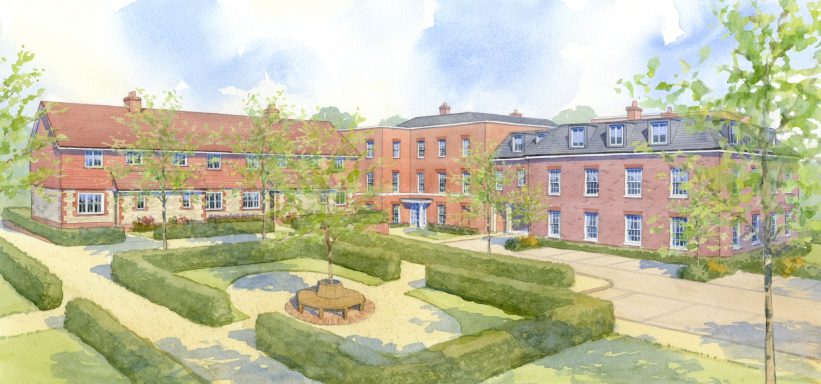 Watercolour artist impression of residential apartments around communal green area.