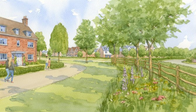 Watercolour artist impression of street view with meadow planting at edge of residential development.