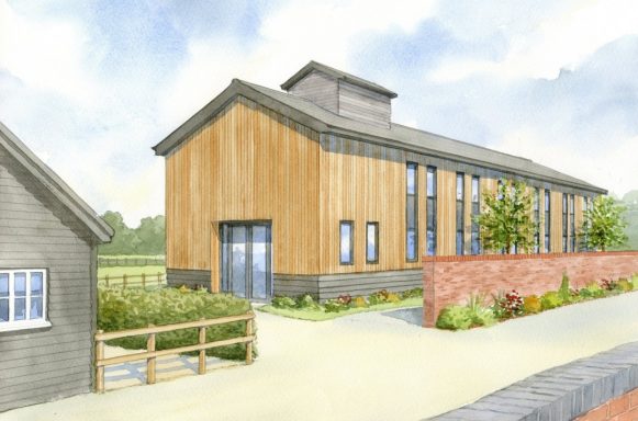 Watercolour artist impression of a proposed barn conversion and adjoining holiday let.