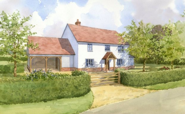 Watercolour artist impression of proposed cottage on country land