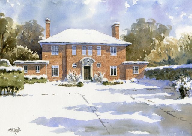 House portrait in snow Watercolour house portrait, detached brick villa in snow