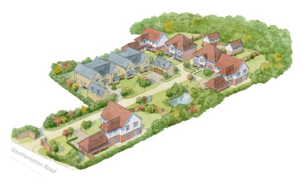 Aerial view of a residential development with houses and landscaped gardens.