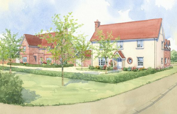 Watercolour artist impression street view of new build houses in traditional mixed styles.