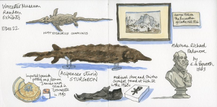 Sketchbook page of Worcester Museum artefacts