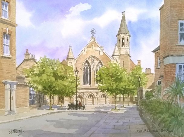 A watercolour of Christchurch, Chelsea, painted on the spot as part of a plein air competition. It sold on the day. 