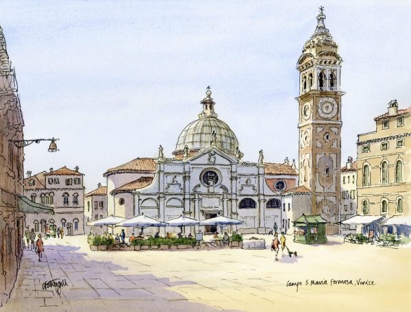 A charming square featuring a domed church and a tall clock tower surrounded by shops.