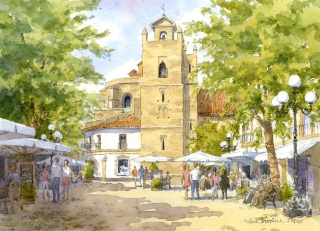 A watercolour of the church of San Dionisio, Jerez, Andalusia, Spain. From sketches in the cafe area on a painting trip.