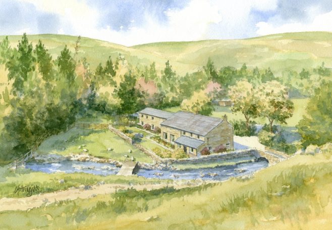 Watercolour landscape featuring a countryside house beside a stream and rolling hills.