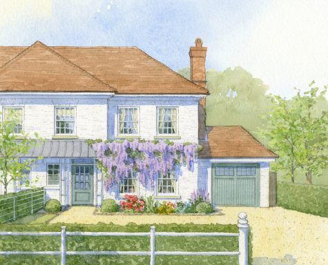 Watercolour artist impression of house type with white render, planting and climbing wisteria.