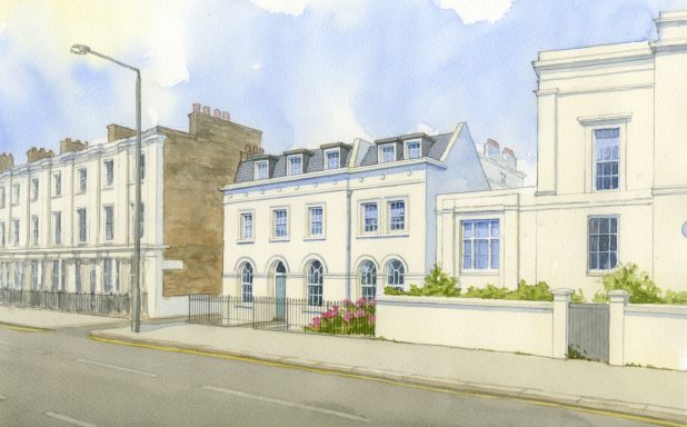 Watercolour artist impression of London House with white render, mansard roof with dormer windows.