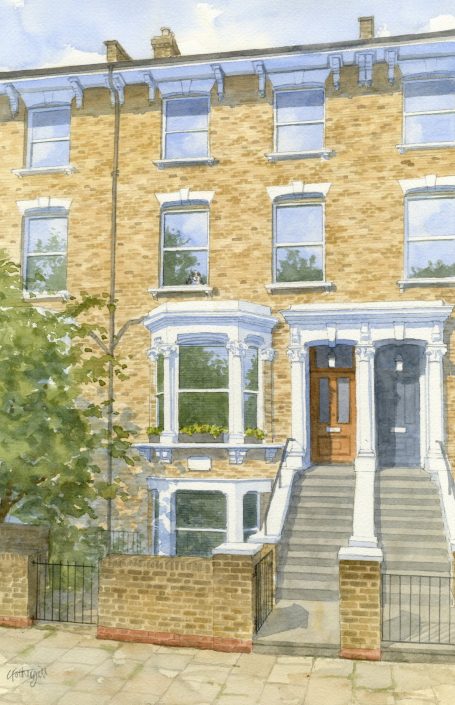 London yellow brick house Watercolour portrait of London house in yellow brick.