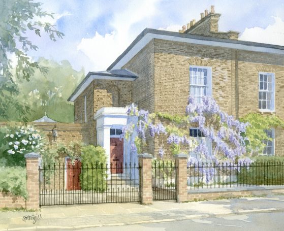 London brick house with wisteria Watercolour portrait of London yellow brick house with wisteria and railings.